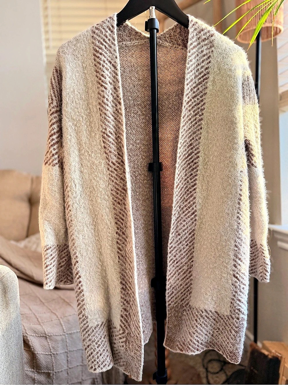 Cream Taupe Fuzzy Longline Open Front Cardigan Size S